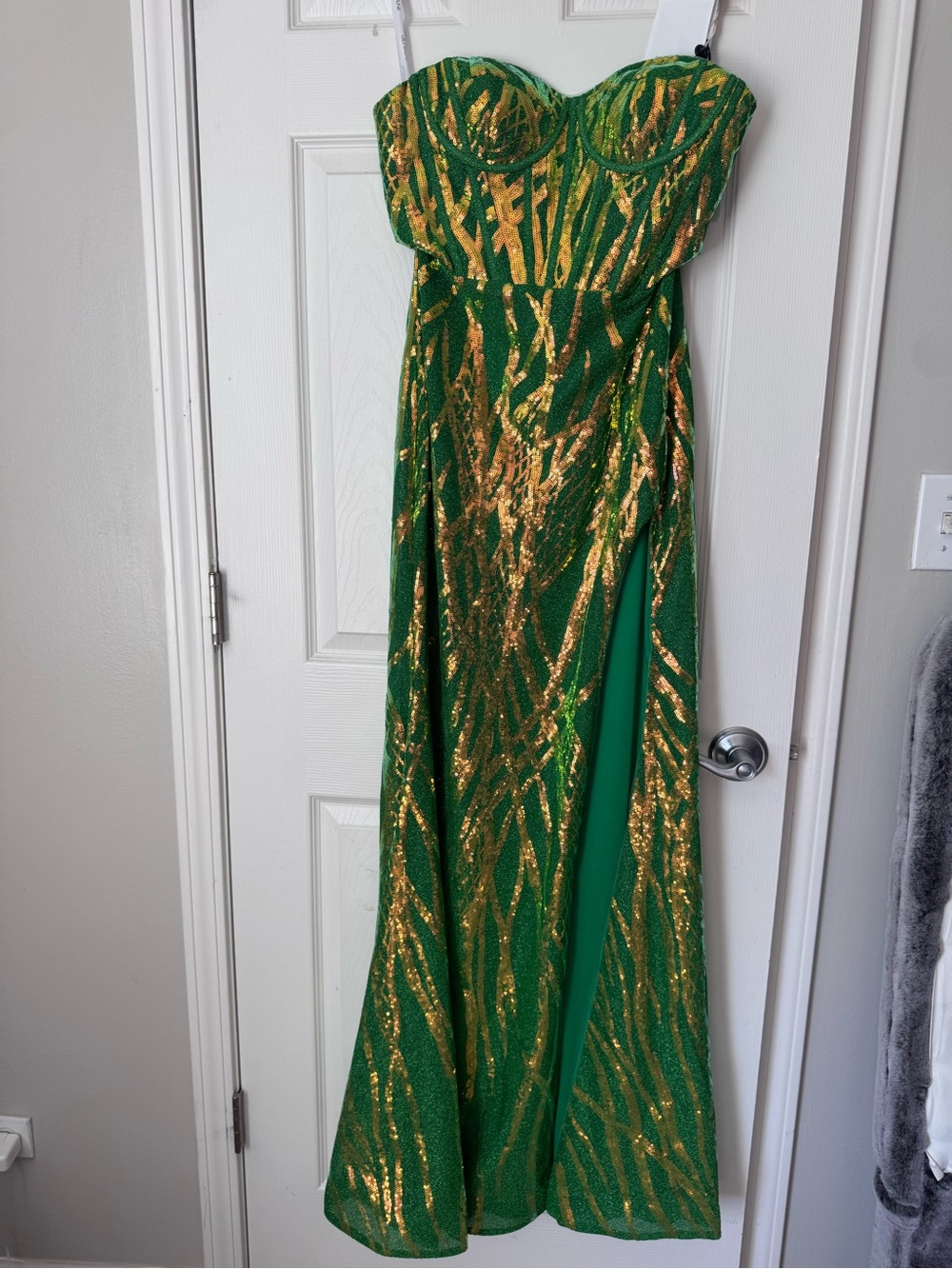 Jovani Green and Gold Strapless Glitter Gown